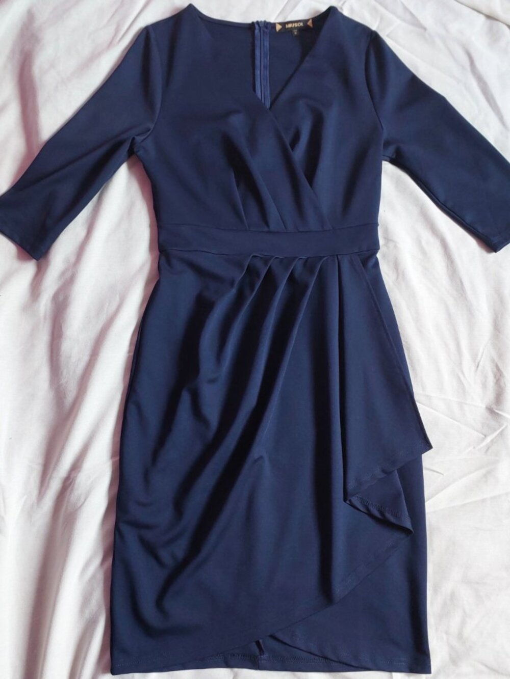 Navy Blue Elegant Quarter sleeves knee length pencil cut wrap Like  style dress.